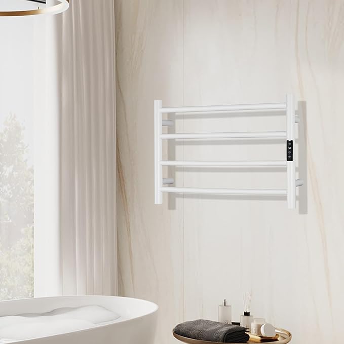 Electric Towel Rack with Voice Control for Alexa & Google Home,TUYA - Wall-Mounted Bathroom Heating Towel Warmer,Plug-in,Stainless Steel Material,16.54x23.62x5.51 in,White,4 Bars