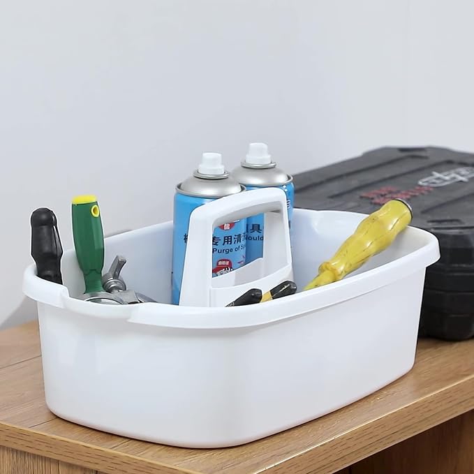 JiatuA Large Cleaning Supplies Organizer with Handle Portable Shower Caddy Basket Plastic Bucket Tool Storage for Bathroom, Bedroom, Kitchen, College Dorm, Under Sink, Garden, Dark Gray & White