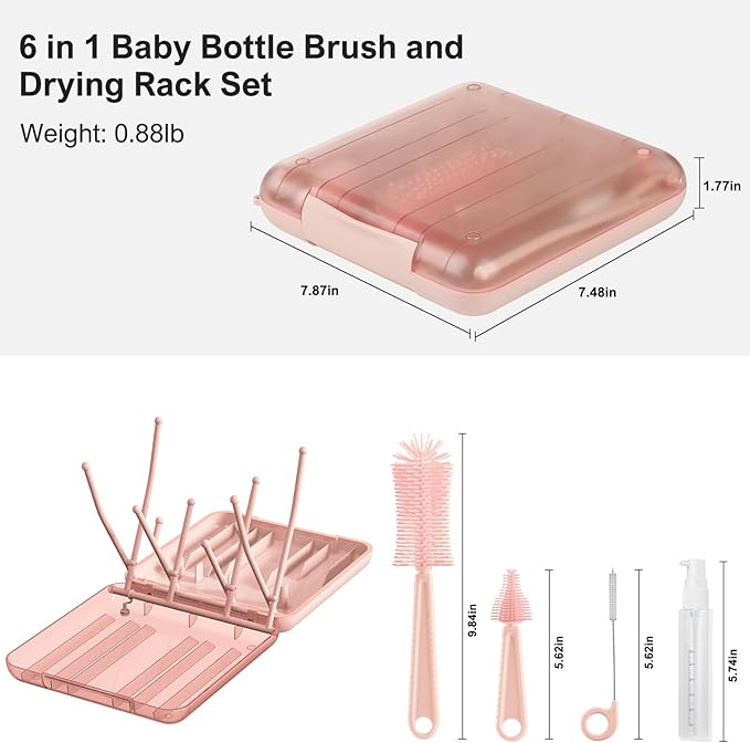 6 in 1 Bottle Cleaning Brush Set with Silicone Bottle Brush, Nipple Brush, Straw Brush, Soap Dispenser, Drying Rack for Baby Bottle and Water Bottle, Space Saving Baby Essentials for Home and Travel