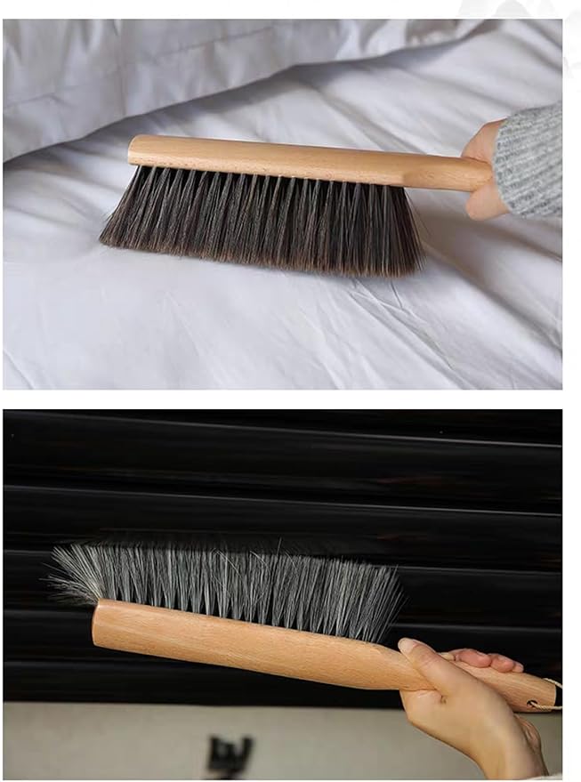 Soft Bristle Bench Brush Wooden Handle14 Inch Long (2pcs Gray) | Non-Scratch Foxtail for Upholstery Furniture Couch Sofa Shop Counter and Bed, Good Grip Short Handle Dust Removal