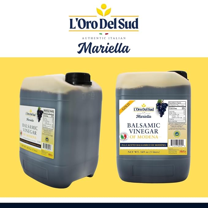 L'Oro Del Sud - Ultra Premium,"Gold Label" 8 year Aged Balsamic Vinegar of Modena, IGP Certified, Mariella, Make your own Glaze, Product of Italy, Bulk Packaging Refill, New Pack, 5 Liters (169 oz)