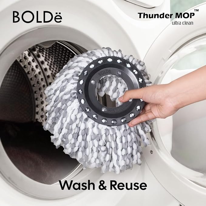 Thunder MOP Spin System - Ultra Clean - Single Bucket Microfiber Head, Stainless Steel Wringer, Antifungal Quick-Dry Cleaning, Soap Dispenser, 3 Free Refills (Navy/Cyan)