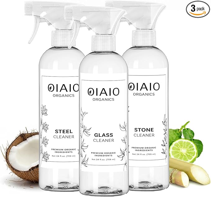 Non-Toxic Kitchen Cleaner 3 Pack (Stone, Steel, Glass) - Natural Organic Ingredients that Truly Perform - Light Coconut, Tea Tree & Wood Scent