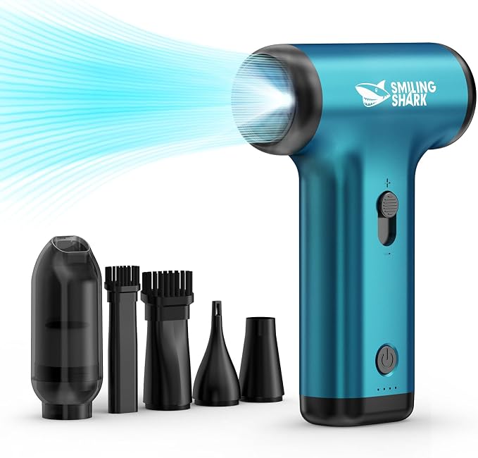 Smiling Shark Compressed Air Duster, JF-01 Brushless Motor Stepless Speed 130000RPM 5Kpa Rechargeable Cordless Electric Air Blower with LED Light for PC Cleaning/Keyboard/Car/Camping, (PRO Blue)