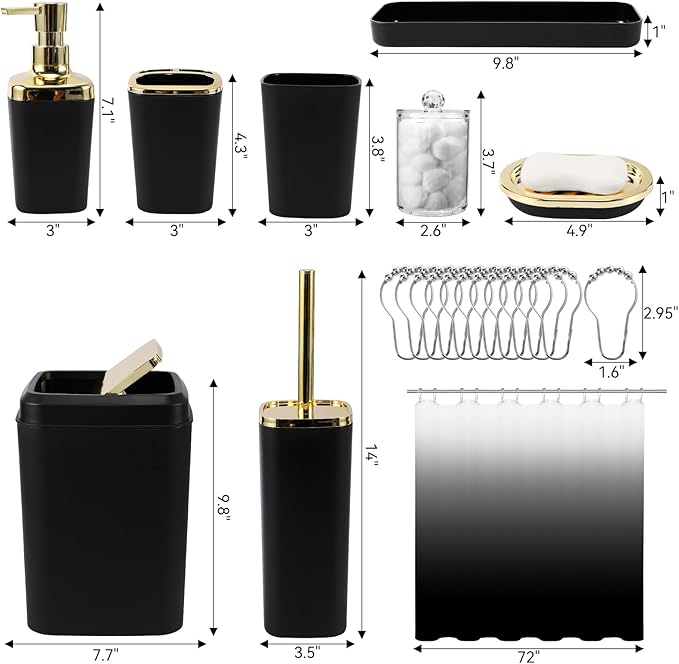 XLHOMO Bathroom Set - 22PC Black Bathroom Accessories Sets Complete with Black Ombre Shower Curtain,Trash Can,Toothbrush Holder,Toothbrush Cup,Soap Dispenser,Soap Dish,Toilet Brush,Tray,Qtip Holders