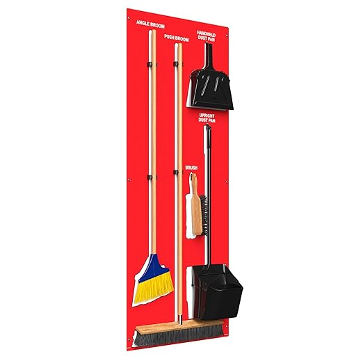Clean & Sweep 5S Shadow Board/Wall Mount Broom Holder, 68" x 30" Board, 5S Cleaning Station - with Broom and Dustpan Set Included, Made in The USA by AccuformNMC, Red/White, PSB716RDWT