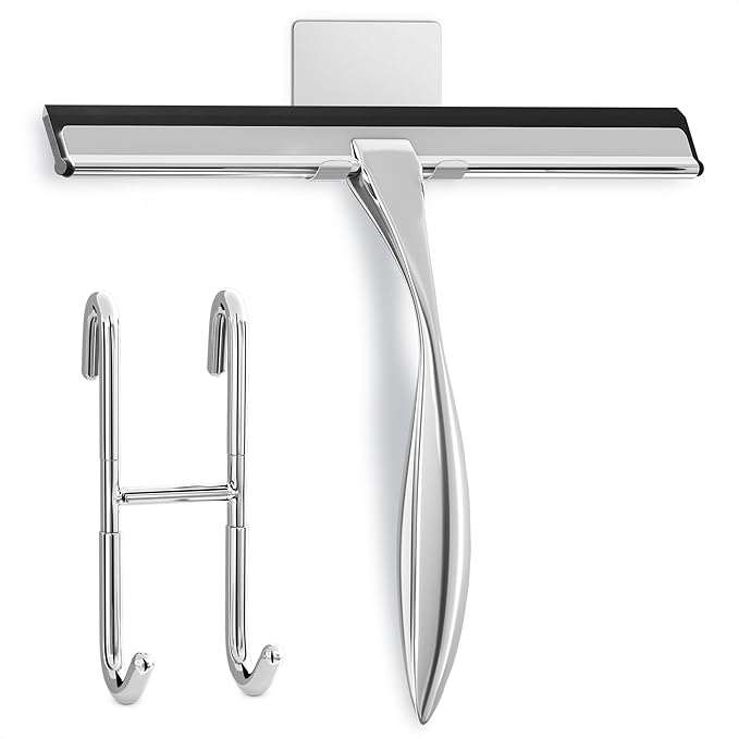 Shower Door Squeegee with Hook - 12" Silicone Blade, Stainless Steel Squeegee for Shower Glass with Adhesive Mount - All-Purpose Bathroom Tile, Mirror, & Window Wiper for Streak-Free Cleaning (Silver)