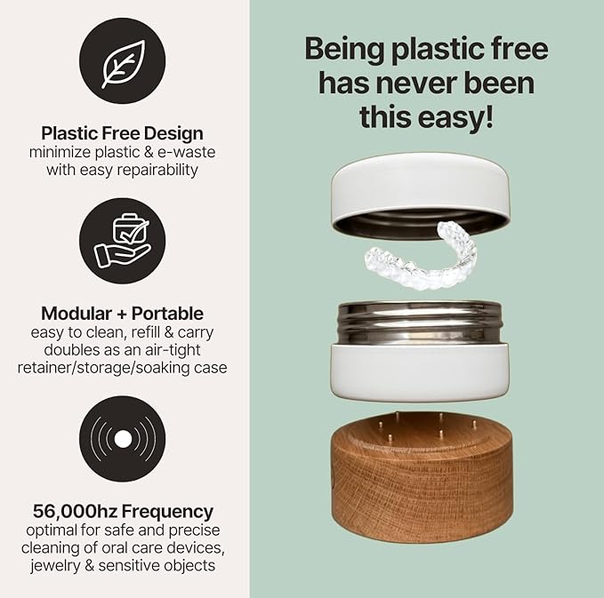 Ultrapod Plastic-Free Ultrasonic Retainer Cleaner - 56kHz Premium Dental Pod for Aligners - Sustainable Stainless Steel & Wood Design - For Invisalign, Mouthguards, Night Guards & Jewelry