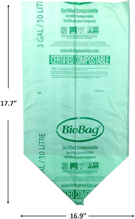 BioBag (USA), The Original Compostable Bag, 3 Gallon, 300 Total Count (12 Boxes of 25 Count), 100% Certified Compostable Kitchen Food Scrap Bags, Kitchen Compost Bin Compatible