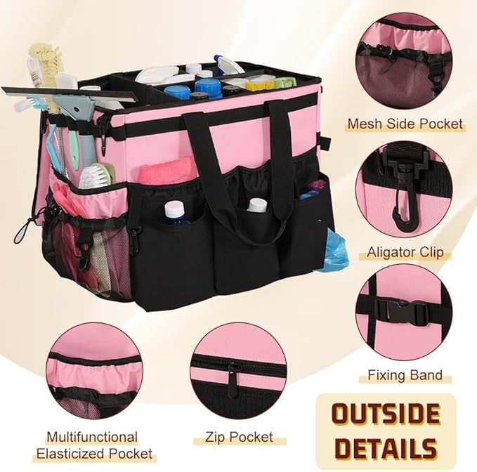 Rolling Cleaning Caddy, Cleaning Supplies Organizer with Cleaning Caddy Apron, Large Cleaning Caddy Bag with Detachable Trolley, Handles and Shoulder Strap for Cleaners Housekeepers, Pink