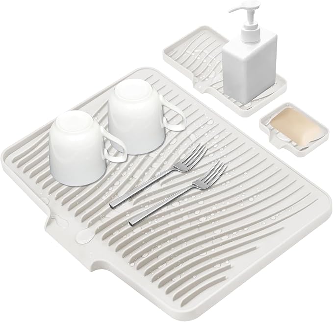 Silicone Dish Drying Mat for Kitchen Counter, Dish Drying Pad, Non-Slip Drain Pad with Built-in Drain, Heat Resistant Stone Drying Mat