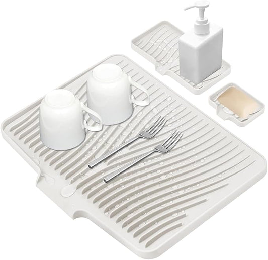 Silicone Dish Drying Mat for Kitchen Counter, Dish Drying Pad, Non-Slip Drain Pad with Built-in Drain, Heat Resistant Stone Drying Mat