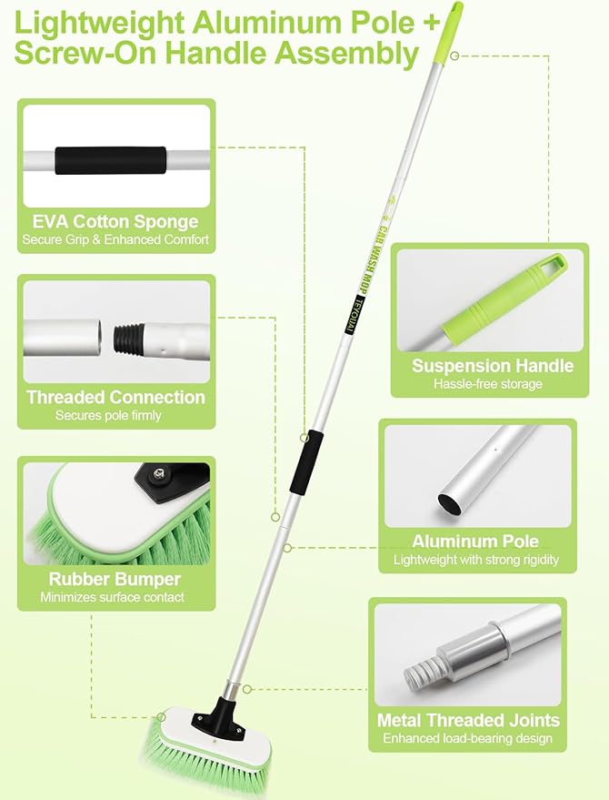 Boat Brush Telescoping Handle 4 Section Marine Scrub Extendable 20" to 62" Metal Connector Deck Auto Window Wall Floor Cleaning Heavy Duty 9.5" x 4.7"x3.5" Head