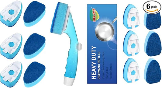 Non Scratch Dishwand Refills Handle, Dish Wand Refill Pack, 6 Heavy Duty Replacement Sponge Heads Set, Soap Dispenser Scrubbers, Dishwashing Scrub Dispensing Brush Pads, Dishwasher Cleaning Tool kit
