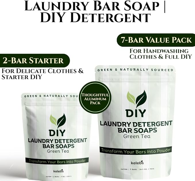 Natural Laundry Detergent Concentrated Bar – Hypoallergenic Laundry Bar Soap with Green Tea for Delicate Wash & Sensitive Skin | DIY Laundry Detergent: Grind & Mix with Borax and Washing Soda - 7 Bars