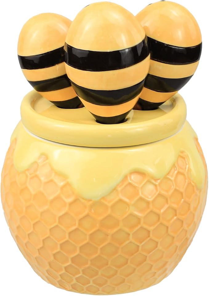 Sizikato 4pcs Porcelain Measuring Spoons with Base, Cute Ceramic Bee Spoons and Honeycomb Cup