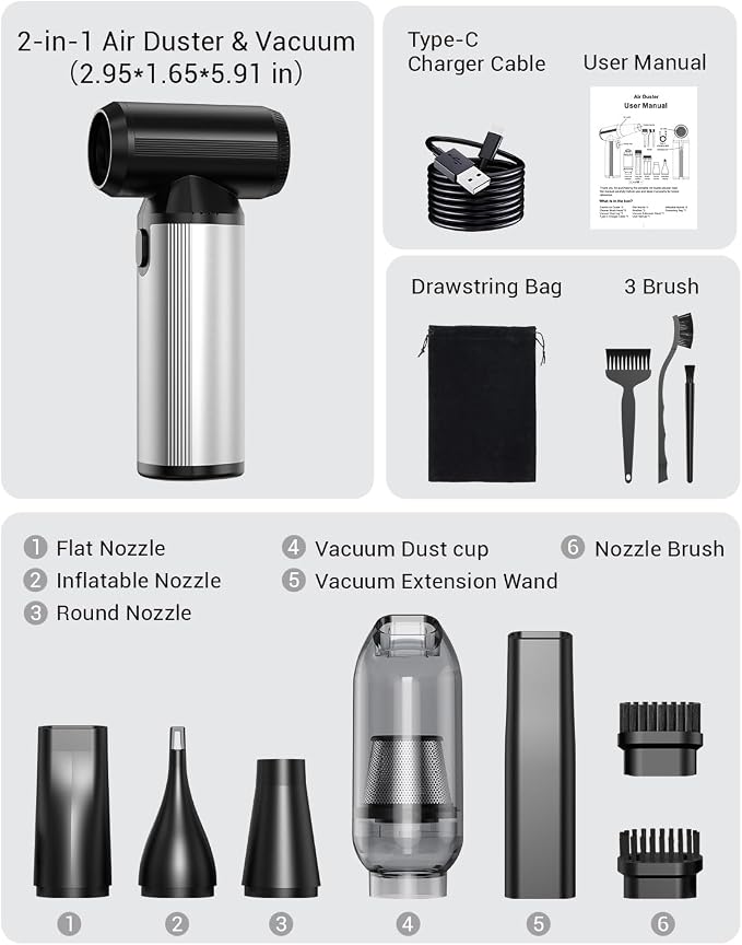 Cordless 2-in-1 Air Duster & Vacuum, Brushless Motor, Long Runtime | for Keyboard, Computer, Home, Car, Outdoor Cleaning, Compressed Air Duster Rechargeable, 3-Gear Adjustable Dust Blower