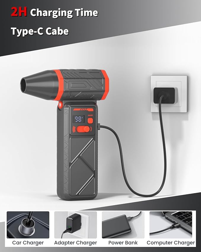 Electric Compressed Air Duster, 150000RPM Cordless Air Blower with 8000mAh Rechargeable Battery, Stepless Speed, Adjustable 90° Nozzle, LED Light for PC Cleaning, Keyboard, Car Interior, Home