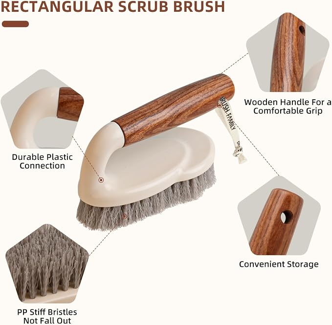 4-Pack Heavy Duty Scrub Brushes Set with Wooden Handles, Triangle & Square Floor Scrubber, Dish Brush, Grout Cleaner for Kitchen, Bathroom, Tile, Carpet & Stubborn Stains Removal