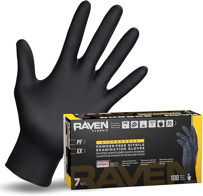 Raven Powder Free Nitrile Disposable Gloves | 7 Mil | Latex Free, Chemical + Puncture Resistant, Single Use |