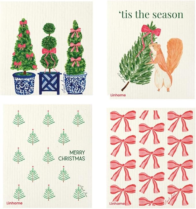 Christmas Holiday Swedish Dishcloth, Reusable Paper Towel, Super Absorbent Cellulose Sponge, Washable Kitchen Cleaning Cloth (Evergreen Holiday - 4 Pack)