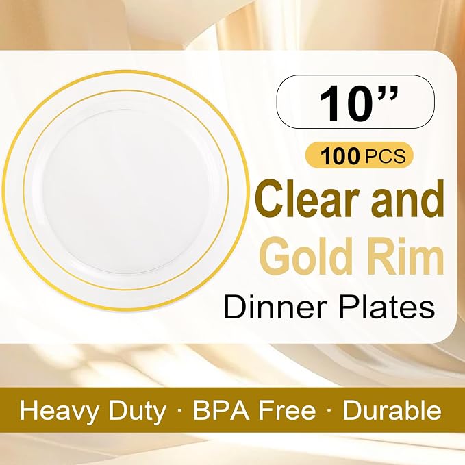 I00000 100PCS Clear Gold Plastic Plates, Clear Dinner Plates with Gold Rim 10 Inch, Fancy Disposable Wedding Premium Plastic Plate for Wedding & Party