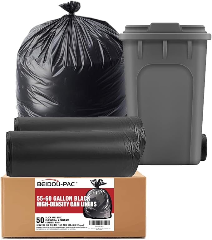BEIDOU-PAC 55-60 Gallon Trash Bags, 50 Count Bulk, Black Heavy Duty Garbage bags, Multi-purpose Trash Can Bin Liners for home Commercial, Outdoor, Construction, Industrial, Lawn, Leaf