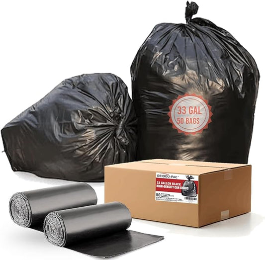 BEIDOU-PAC 33 Gallon Trash Bags, 50 Count, Black Garbage bags, Multi-purpose Trash Can Bin Liners for Home Commercial, Outdoor, Construction, Industrial, Janitorial, Municipal, Lawn, Leaf