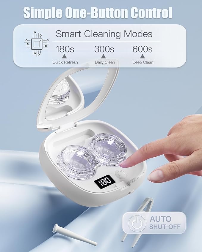 Vastsoon Ultrasonic Contact Lens Cleaner Machine – Portable, Rechargeable Cleaning Kit with 4 Contact Lens Solution Cases, Applicator & Removal Tools – for Travel & Home Use (White)