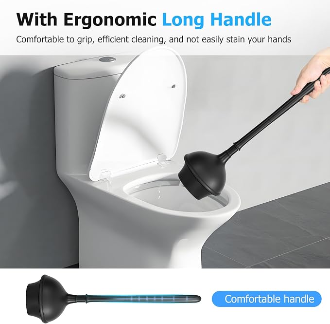 2Pack 2 in 1 Toilet Brush and Plunger Set, Bathroom Cleaning, Black | Extended Handle Plunger, Toilet Bowl Brush Plunger Set, Cleaning Tools, plunger and brush set,Stiff bristle toilet brush with