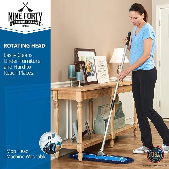Nine Forty 18" Premium Nylon Dust Mop- Heavy Duty Mop Head for Industrial, Commercial, and Residential Cleaning - Dry Floor Duster for Hardwood Surfaces and Commercial Applications - Blue