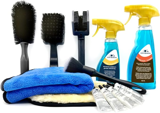 Motorcycle Cleaning Kit 10 Piece - Wash Set with Cleaner Degreaser Chain Lube Brushes Mitt Towel for Dirt Bike Sport Bike Cruiser Detailing