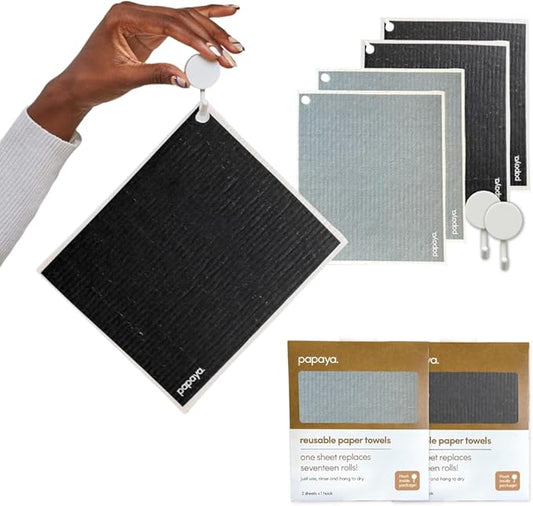 Papaya Reusable Paper Towels, Premium Swedish Dishcloths with Hook, Non-Scratch Reusable Paper Towel, 1 Sheet Replaces 17 Rolls - 4 Sheets, 2 Hooks