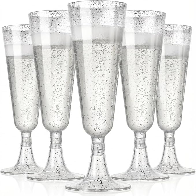 50 Pack Plastic Champagne Flutes 5.5oz Silver Glitter Disposable Suitable for Wedding, Birthday Party, Thanksgiving Day, Christmas Supplies