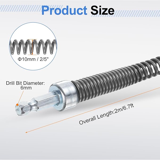 HARFINGTON Plumbing Drain Auger 3/8" (10mm) Dia. 6.5ft Manual Toilet Snake Flexible Drain Cleaner Tool with Drill Connector Spring Unclog Hair for Bathroom Kitchen Toilet Bathtub Sewer Sink