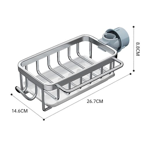 Kitchen Sink Faucet Organizer, Left Sponge Holder Over Faucet Sink Caddy with Drip Tray, Detachable Hanging Faucet Drain Rack for Scrubbers, Soap, Bathroom, Fits 0.7-1.1in Round Pipe (Silver)
