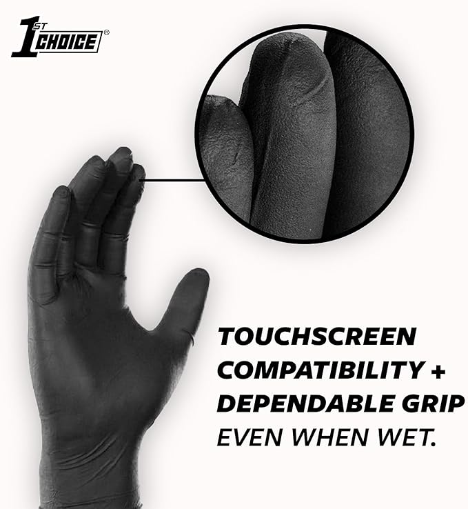 1st Choice Nitrile Gloves, Disposable, Latex-Free, Black, 6 Mil, Industrial, for Mechanics, Cleaning, Automotive and Home Use