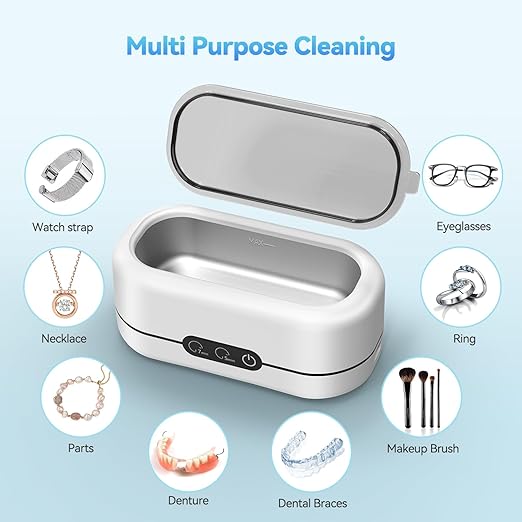 Ultrasonic Jewelry Cleaner - 48KHz Ultrasonic Cleaner Machine for Jewelry, Eyeglasses, Rings, Necklaces, Watch Strap, Makeup Brush, Dual Cleaning Modes-Brilliant White