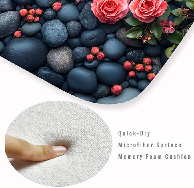 WODEJIA Non Slip Bath Rugs Sponge Foam for Bathroom,Flannel Mat Rug for Living Room, Absorbent MatS for Forlaundry Room and Kitchen,Cobblestone Red Flowers Welcome Mat 47x18 Inches