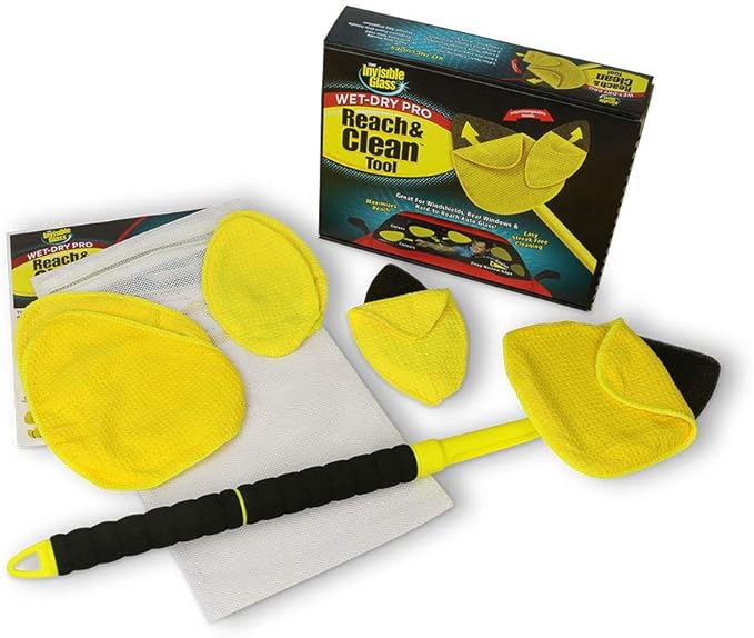 Invisible Glass 95164 Reach & Clean Wet-Dry Pro Windshield Cleaning Tool With Extendable Handle, Standard and Mini Cleaning Heads, Reusable Microfiber Pads, and Storage Bag for Auto and Home Glass