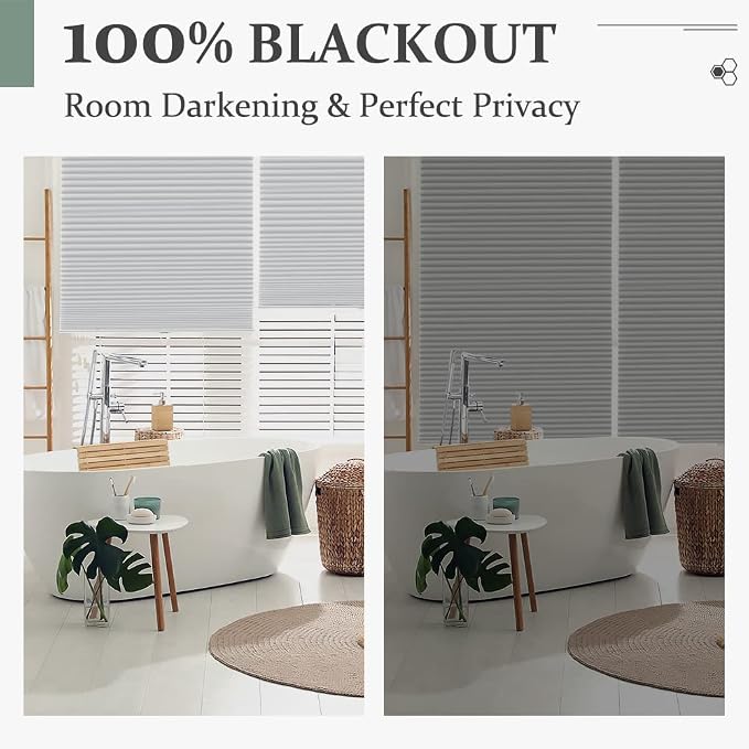 Cellular Shades, Blackout Blinds, Cordless Honeycomb Blinds for Windows, Room Darkening, Pleated Window Shades for Bedroom, Home, Dining Room, Office, Kitchen, 24" W X 64" H, White