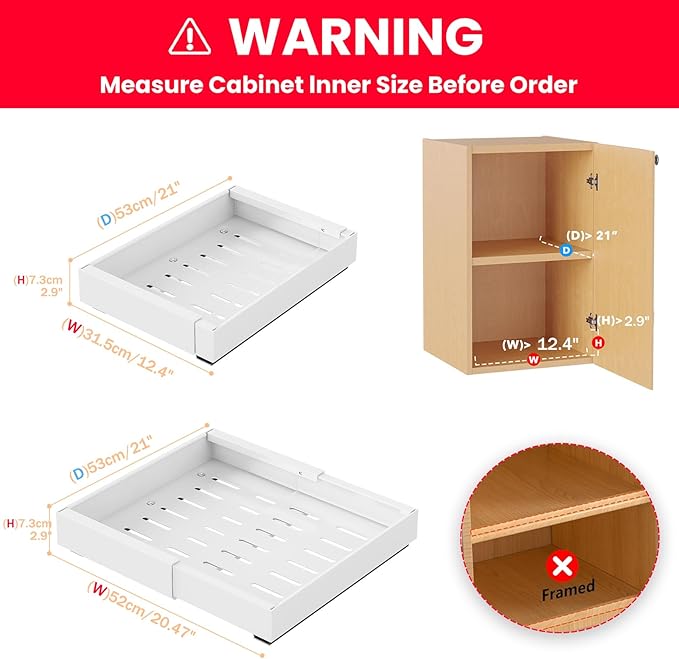 FILTA 2Pack Expandable Pull Out Cabinet Organizer, 21" Deep Slide Out Drawers for Kitchen Cabinets, Heavy Duty Roll Out Shelves with 3-Rail Silent Glide, No-Drill Adhesive or Screw Install, White