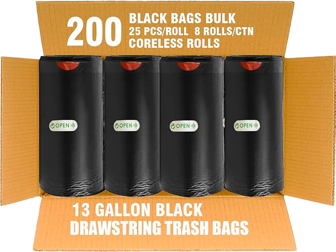 BEIDOU-PAC 13 Gallon Trash Bags Drawstring, 200 Count Bulk, Black & Unscented Garbage Bags, Multi-purpose Tall Kitchen Trash Bags Can Liners for Business Home Commercial and Industrial