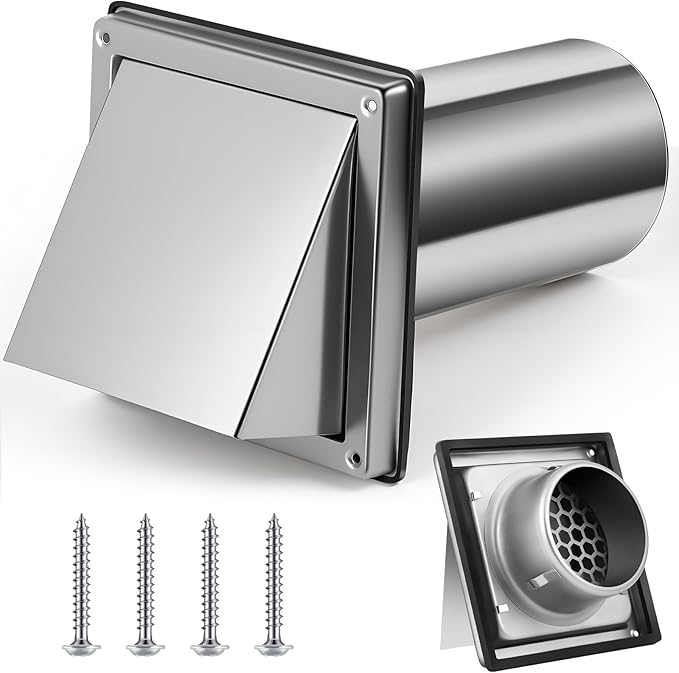 4 Inch Dryer Vent Cover Outside with Stainless Steel Guard Outdoor Wall Dryer Exhaust Vent Cover Shroud Hood Cushioned Non Return Flap with Sealing Gasket(Hexagon, with Extension Tube)
