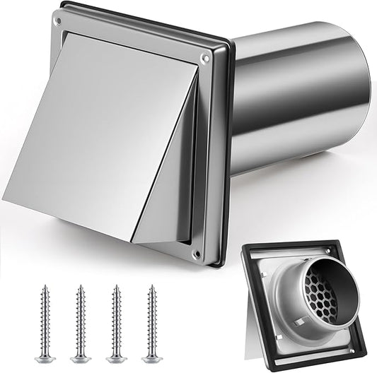 4 Inch Dryer Vent Cover Outside with Stainless Steel Guard Outdoor Wall Dryer Exhaust Vent Cover Shroud Hood Cushioned Non Return Flap with Sealing Gasket(Hexagon, with Extension Tube)