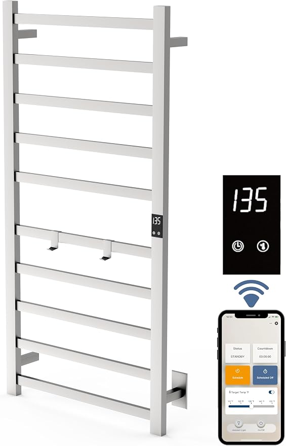 Topdattion Smart Wireless Electric Towel Warmer | Blade Thin 10 Bar Design | Hardwired & Plug-in | Alexa & Google Home Compatible | Brushed Finish