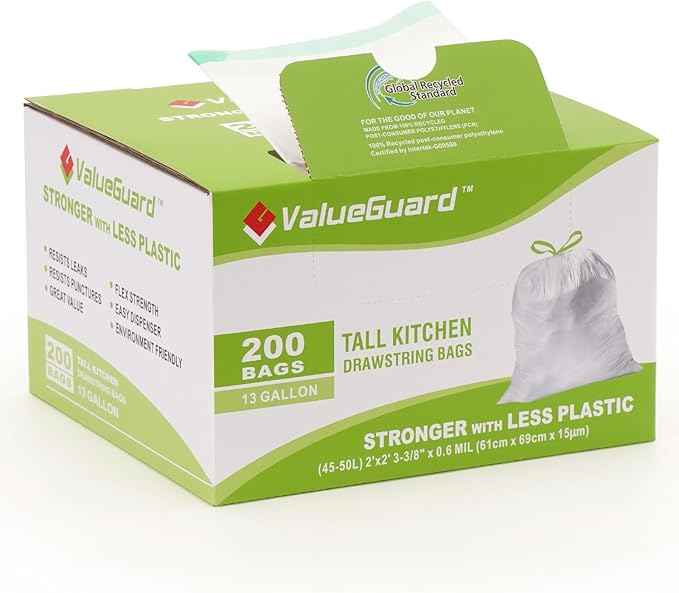 ValueGuard Large Trash Bag 13 Gallon Tall Drawstring 100% Post-Consumer Recycled Garbage Bag Waste Bag for Kitchen Office 0.6 Mil (200 Count)