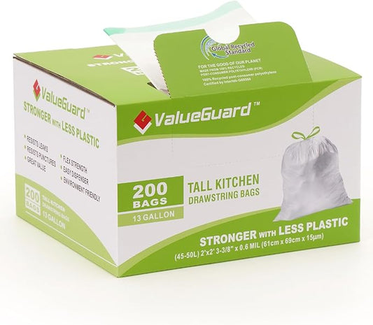 ValueGuard Large Trash Bag 13 Gallon Tall Drawstring 100% Post-Consumer Recycled Garbage Bag Waste Bag for Kitchen Office 0.6 Mil (200 Count)
