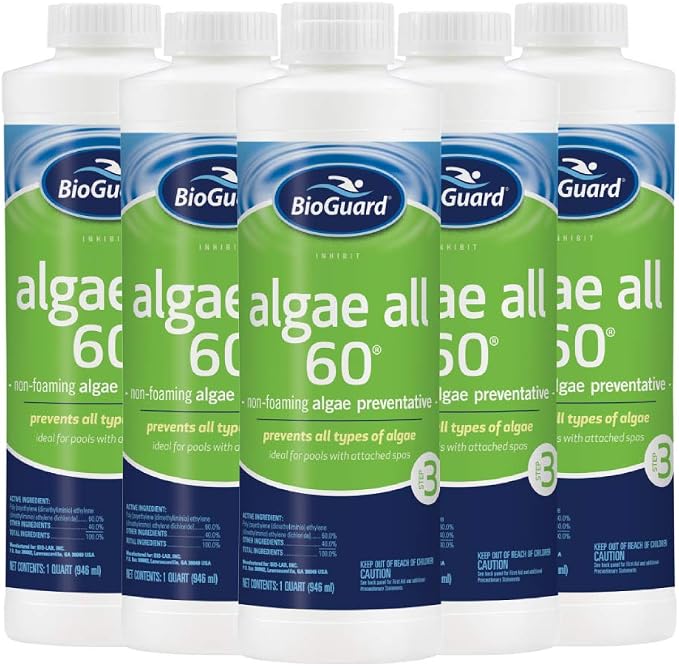 BioGuard Algae All 60, 1 Quart, Pack of 6 | Non-Foaming Algae Preventative, Non-Staining & Non-Foaming, Ideal for Swimming Pools with Attached Spas or Fountains