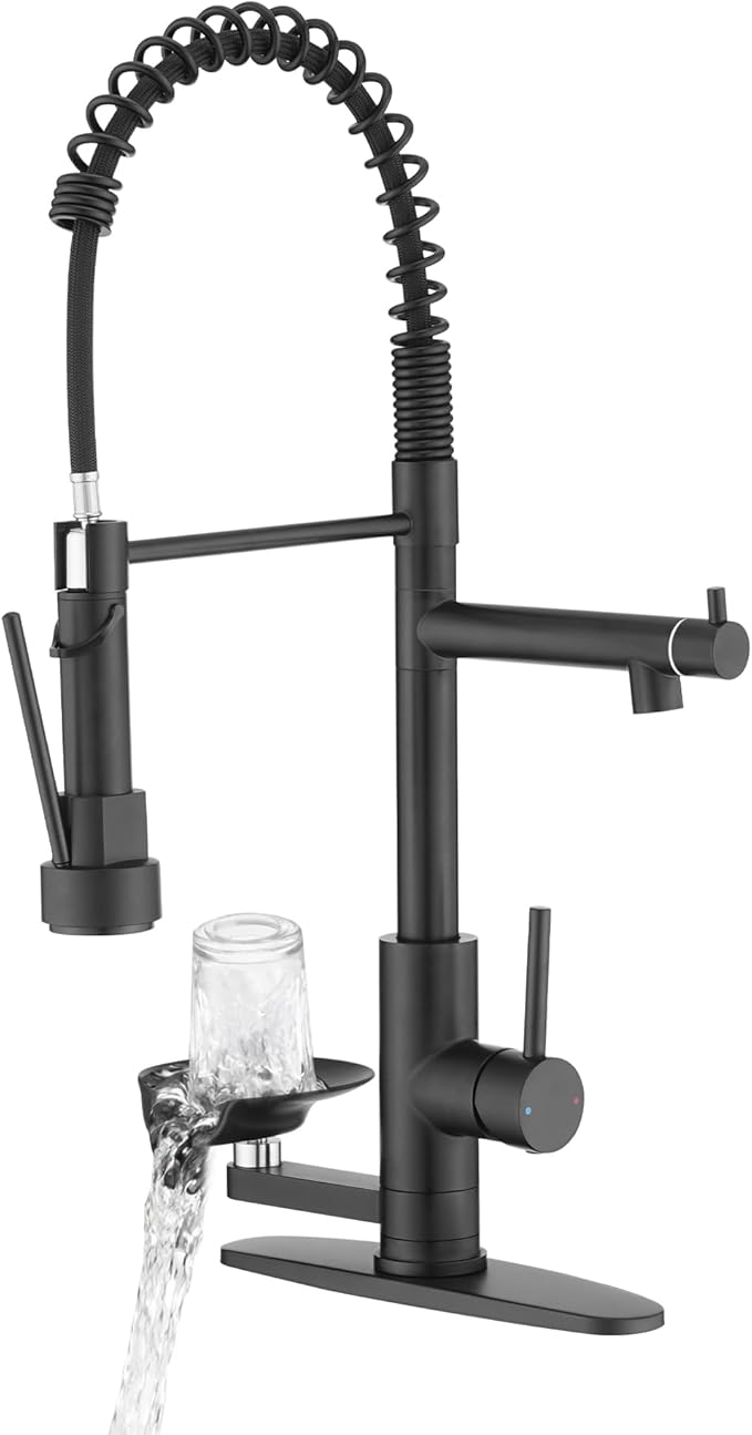 Kitchen Sink Fuacet with Glass Rinser, Single Handle Kitchen Faucet with Pot Filler, Pull Down Sparyer, Deck Plate, 304 Stainless Steel, Matte Black